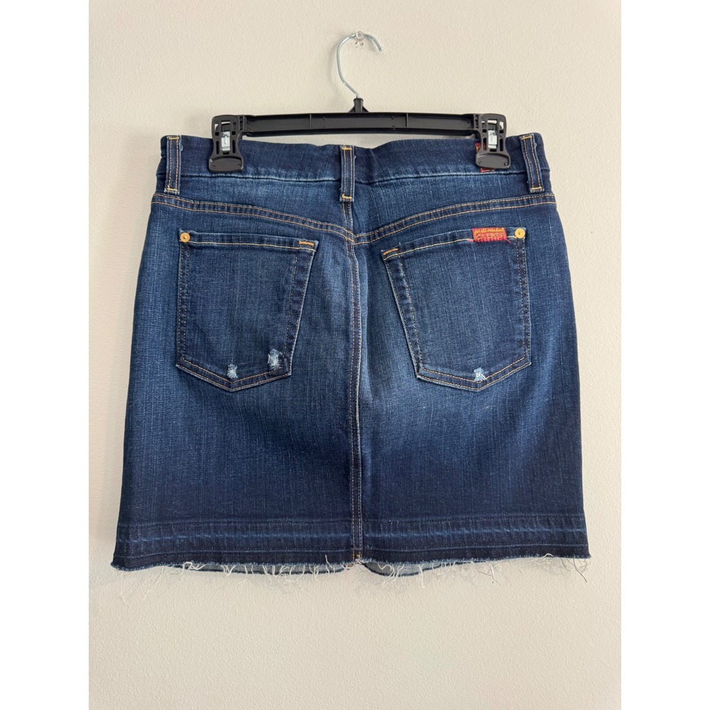7 For All Mankind Denim Mini Skirt Womens 27 Dark Wash Distressed Raw Hem